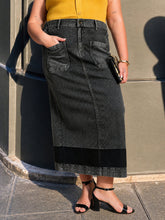 Women Black Denim Wash Front Patch Pocket Maxi Skirt