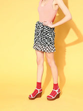 Women Black & White Check Mesh Ruched Skirt