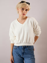 Women White V-Neck Faux Fur Crop Sweatshirt-SFSWSH7200