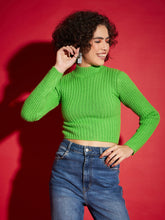 Women Green Rib High Neck Full Sleeves Sweater-SFSWSH7287_Green