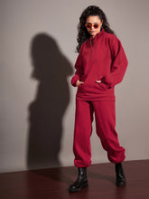 Women Maroon Fleece Front Zipper Sweatshirt With Joggers-SFSWSH7466_SFPANT50728