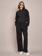 Women Black Fleece Front Zipper Sweatshirt With Track Pant-SFSWSH7468_SFPANT50686