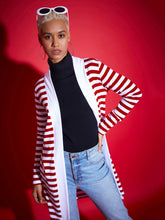 Women Red & White Striped Front Open Sweater-SFSWSH7527