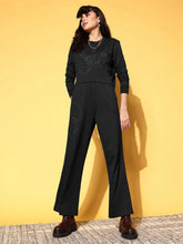 Women Black Terry Crop Sweatshirt With Track Pant-SFSWSH7580_SFPANT50960