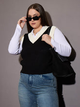 Women Curve Black & White Solid V-Neck Sweater Vest-SFSWSH7591