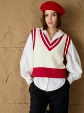 Women Red & White Striped V-Neck Sweater Vest-SFSWSH7608
