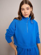 Women Royal Blue Terry Oversized Zipper Sweatshirt-SFSWSH7633