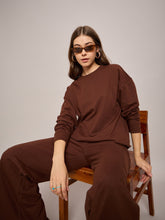 Women Brown Terry Oversized Sweatshirt With Wide Leg Track Pants-SFSWSH7634_SFPANT50997