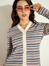 Women White Chevron Stripe Front Button Cardigan-SFSWSH7637