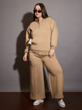 Women Beige Fleece Half Zipper Sweatshirt with Track Pants-SFSWSH7660_SFPANT51005