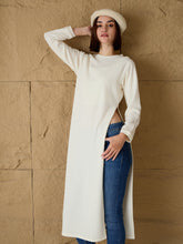 Women Off-White Round-Neck High Slit Sweater-SFSWSH7687