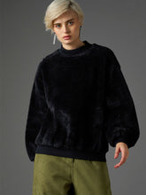 Women Black Balloon Sleeve Faux Fur Sweatshirt-SFSWSH7696