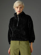 Women Black Zip Front Faux Fur Crop Sweatshirt-SFSWSH7698