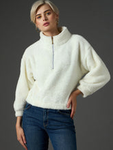 Women White Zip Front Faux Fur Crop Sweatshirt-SFSWSH7699