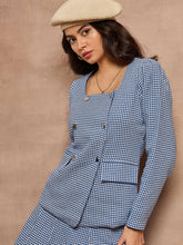Women Blue Houndstooth Check Square Neck Top-SFTOP42111