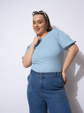 Women Blue Rib Round Neck Puff Sleeves Top-SFTOP42387