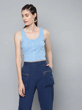 Blue Front Button Sleeveless Crop Top