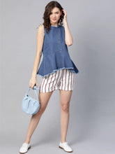 Blue Frayed Sleeveless Peplum Top