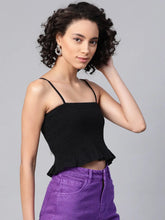 Black Denim Smocked Strappy Crop Top