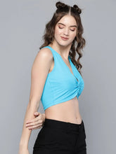 Blue Front Knot V-Neck Crop Top
