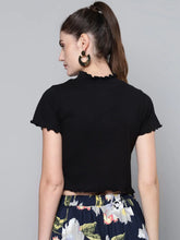 Black High Neck Lettuce-Edge Rib Top