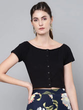 Black Front Button Bardot Rib Crop Top