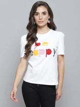 White BE HAPPY Print Puff Sleeve T-Shirt