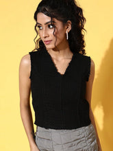 Women Black Tweed V-Neck Crop Top