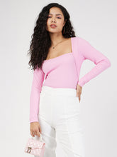 Women Pink Rib Square Neck Full Sleeves Top-SFTOPS41527