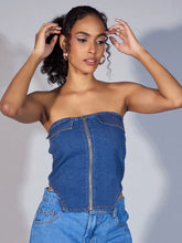 Women Blue Denim Zipper Tube Top-SFTOPS42028