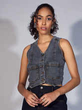 Women Black Denim Waistcoat Top-SFTOPS42033
