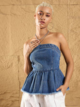 Women Ice Blue Off Shoulder Peplum Top-SFTOPS42053