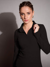 Women Black Rib Polo Neck Top-SFTOPS42067