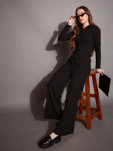 Women Black Rib Polo Neck Top Drawstring Pants-SFTOPS42067_SFPANT50883
