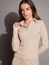Women Beige Rib Polo Neck Top-SFTOPS42068