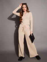 Women Beige Rib Polo Neck Top With Drawstring Pants-SFTOPS42068_SFPANT50884