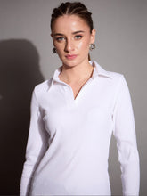 Women White Rib Polo Neck Top-SFTOPS42069