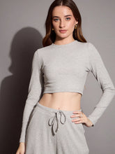 Women Grey Melange Neck Full Sleeve Crop Top-SFTOPS42072
