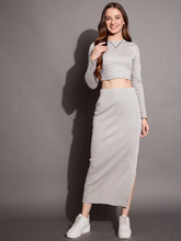 Women Grey Melange Full Sleeve Crop Top With Pencil Skirt-SFTOPS42072_SFSKRT30461
