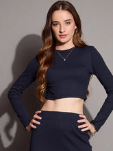Women Navy Rib Full Sleeve Crop Top-SFTOPS42074