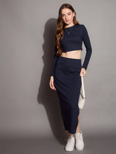 Women Navy Rib Full Sleeve Crop Top With Pencil Skirt-SFTOPS42074_SFSKRT30462
