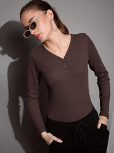 Women Brown Rib V-Neck Full Sleeves Top-SFTOPS42075