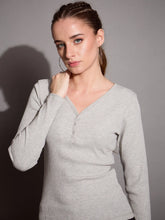 Women Grey Melange Rib V-Neck Full Sleeves Top-SFTOPS42076