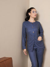 Women Navy Striped Round Neck Full Sleeve Top-SFTOPS42077