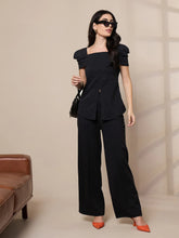 Women Black Square Neck Peplum Top With Front Darted Elasticated Pants-SFTOPS42079_SFPANT50906