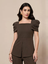 Women Brown Square Neck Peplum Top-SFTOPS42080