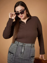 Women Brown Rib Front Zipper High Neck Top-SFTOPS42088