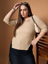 Women Beige Rib Sweetheart Neck Top-SFTOPS42090