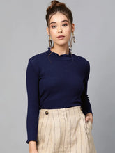 Women Navy Blue Rib High Neck Full Sleeve Top-SFTOPS42094