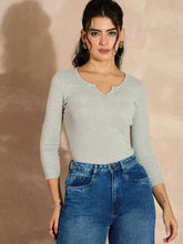 Women Grey Melange Rib Drop V-Neck Top-SFTOPS42097